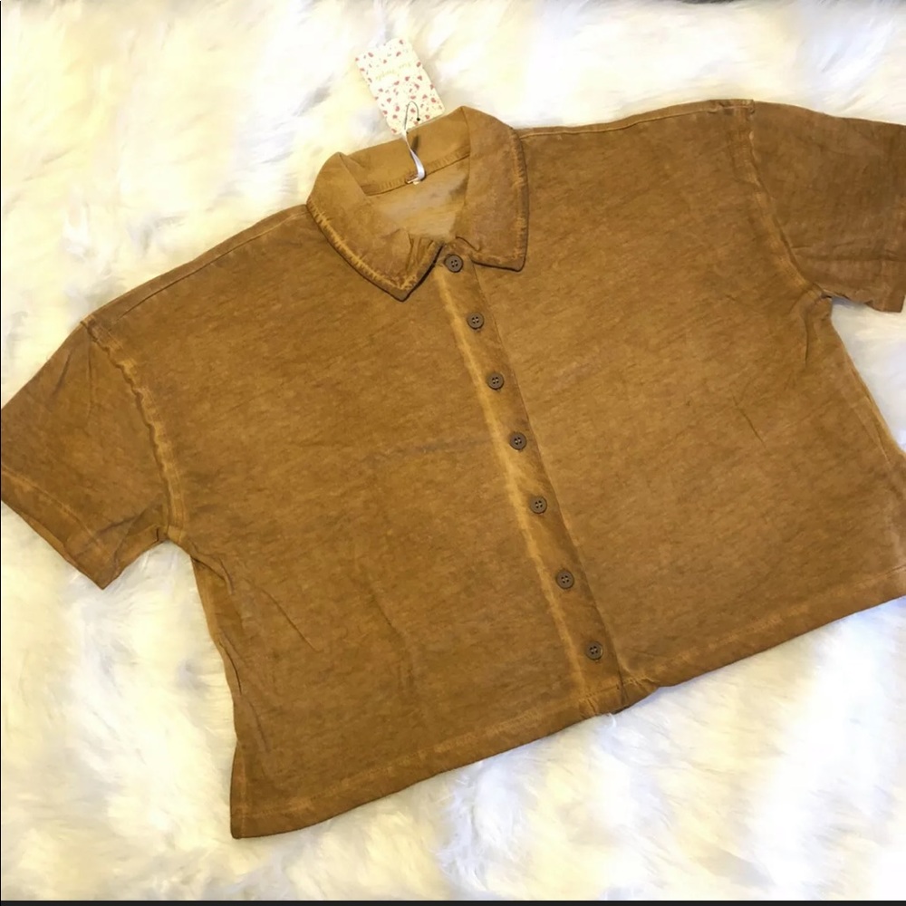 NWT Free People Crop Short Sleeve Copper Button Up